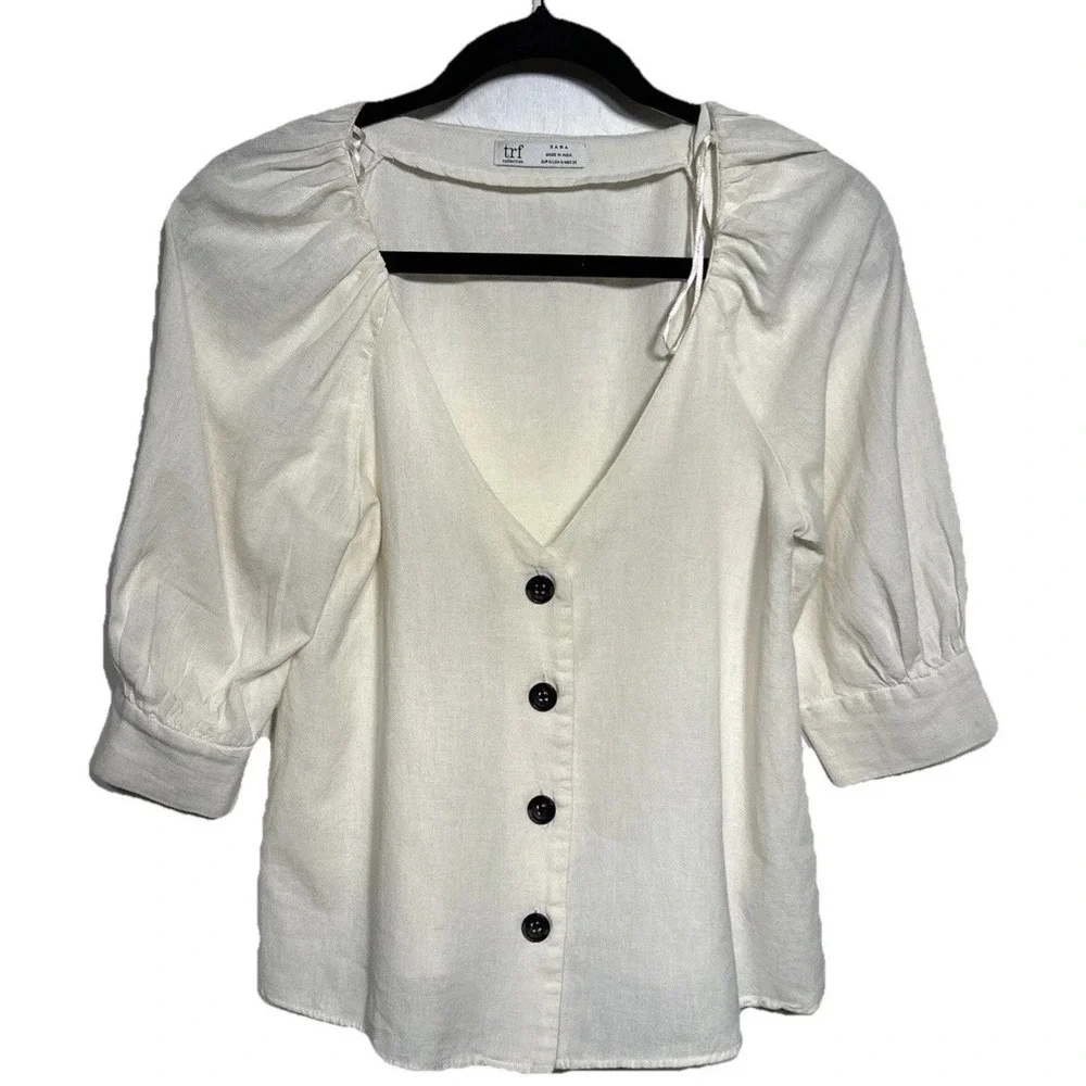 TRF Zara Blouse Ivory Cotton Linen Blend Puff Sleeve‎ Women's Size Small